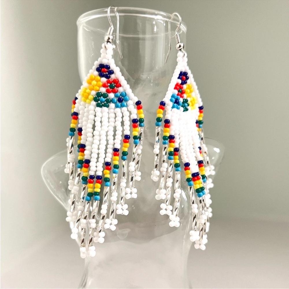 SOLD Sweet White Floral Beaded Fringe Earrings